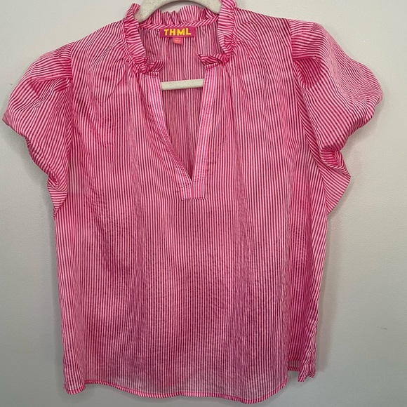 THML Pink White Striped Puff Sleeve Ruffle Blouse Top Women’s Size M Medium - Picture 1 of 8
